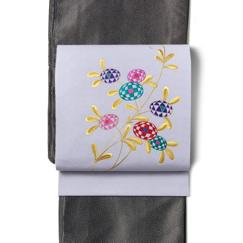 名古屋帯 刺繍 薄紫 パープル グレー チェック 花 塩瀬 レトロ シック