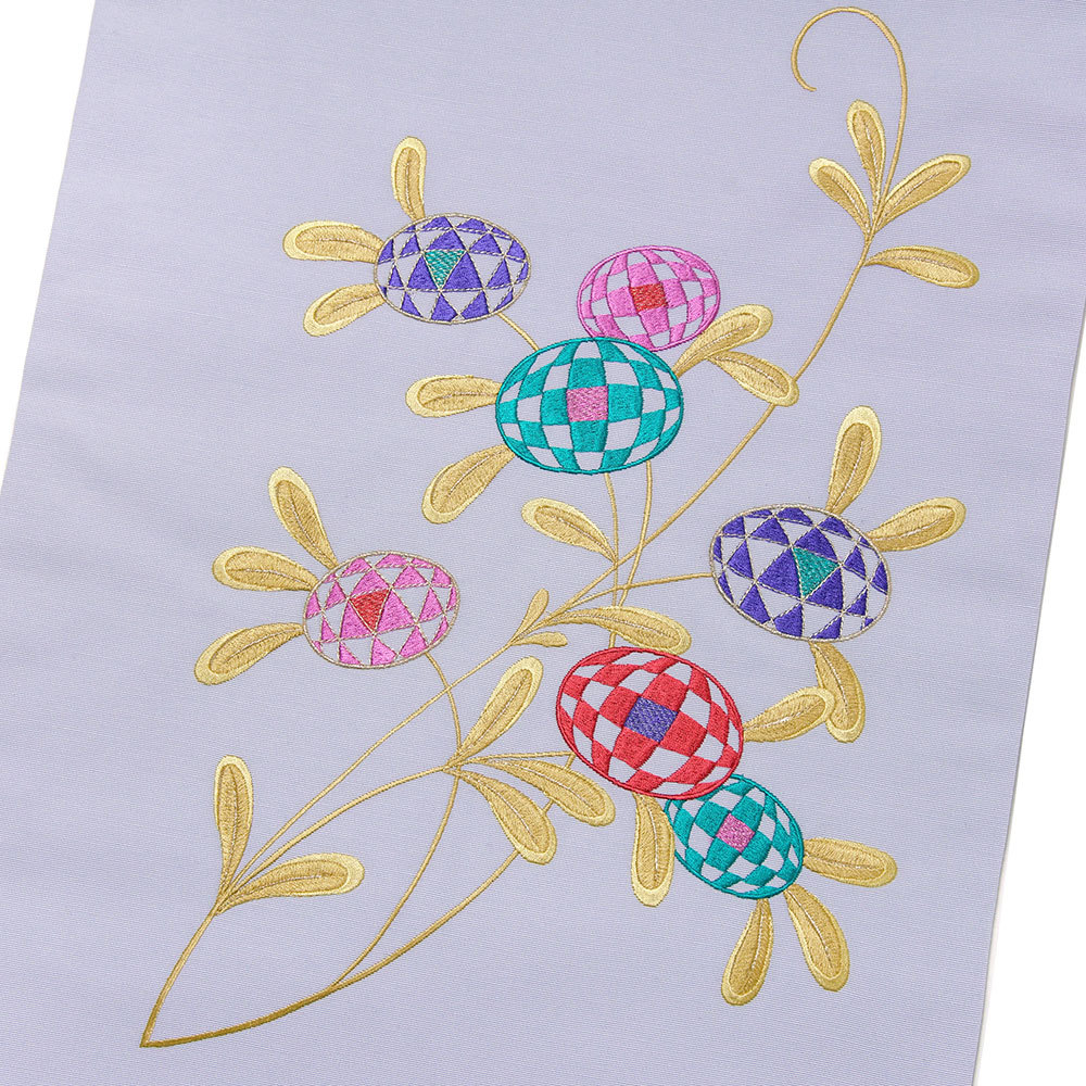 名古屋帯 刺繍 薄紫 パープル グレー チェック 花 塩瀬 レトロ シック