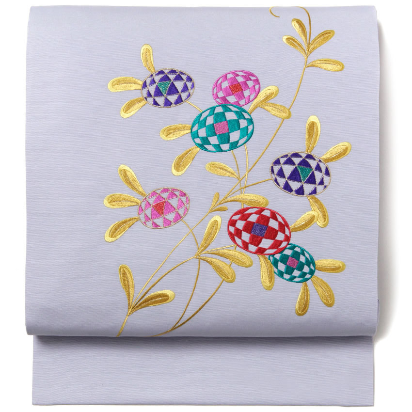 名古屋帯 刺繍 薄紫 パープル グレー チェック 花 塩瀬 レトロ シック