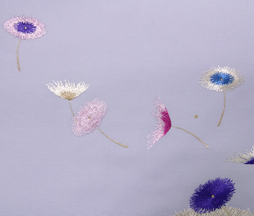名古屋帯 刺繍 綿毛 たんぽぽ 薄紫 パープル グレー 花 塩瀬