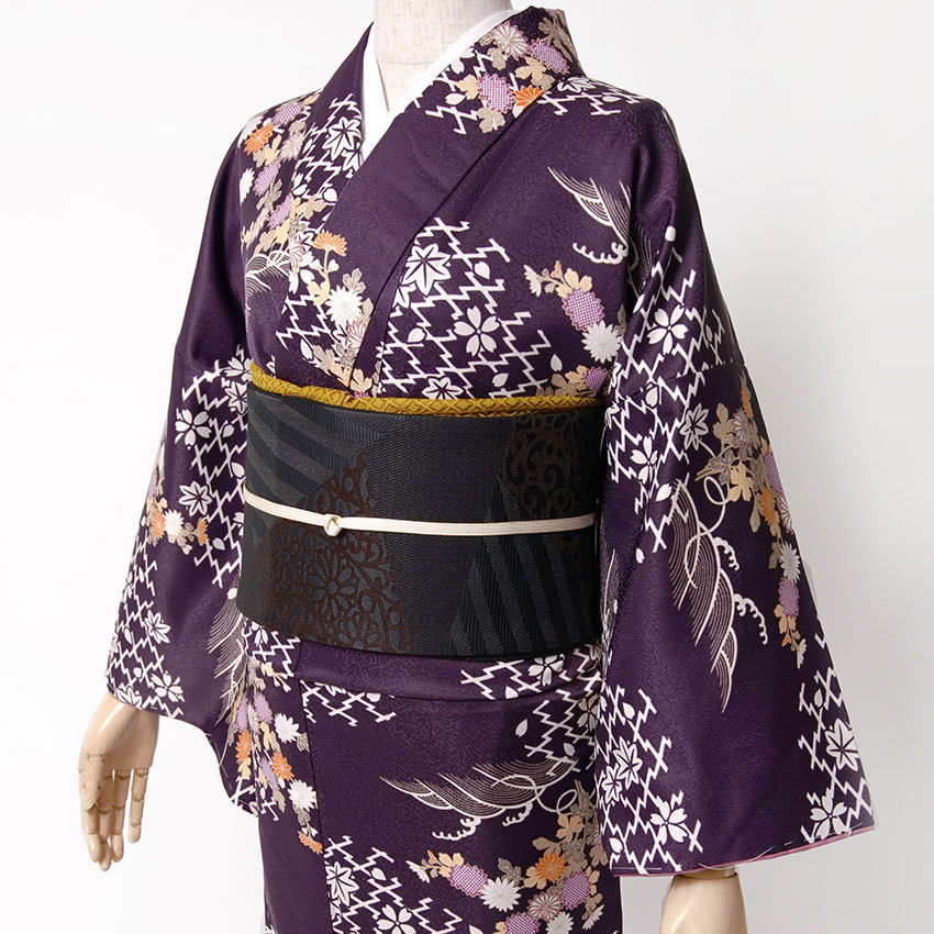 着物 紫 菊 袷 洗える シック 古典柄 小紋 仕立て上がり 単品