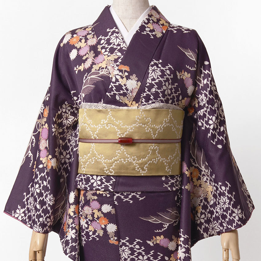 着物 紫 菊 袷 洗える シック 古典柄 小紋 仕立て上がり 単品 