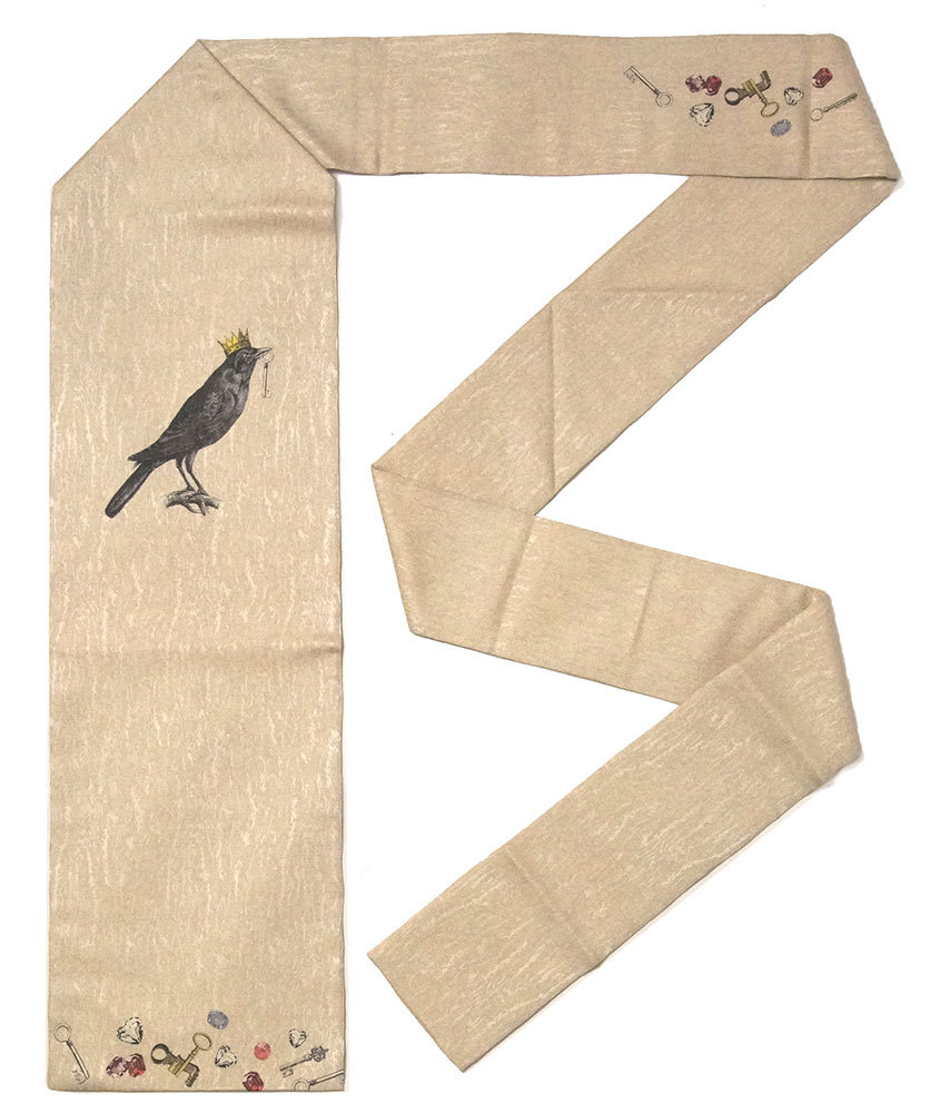 名古屋帯 カラス 王冠 鳥 ベージュ メルヘン 童話 絹 日本製 お太鼓