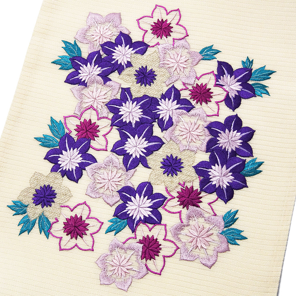 撫松庵 一重太鼓袋帯 絽 鉄線尽くし ベージュ オフ白 紫 花 刺繍