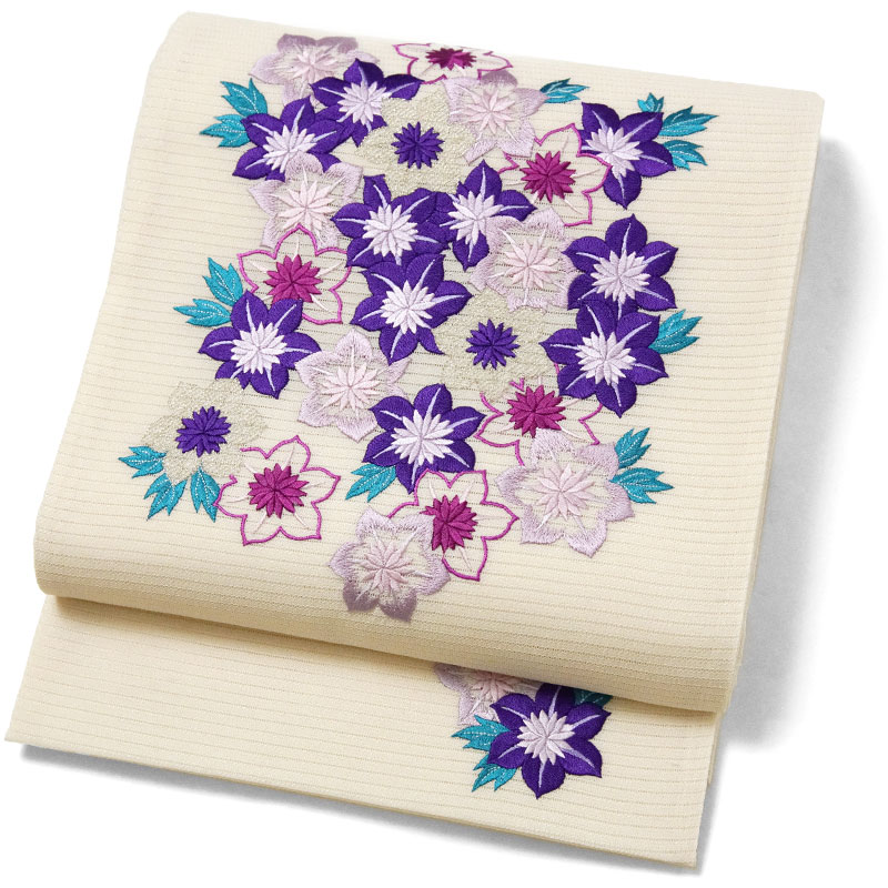 贈り物 一重太鼓袋帯 撫松庵 絽 刺繍 花 紫 オフ白 ベージュ 鉄線尽くし 着物・浴衣