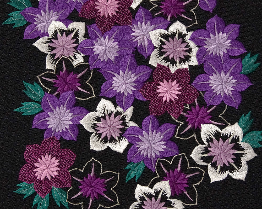 撫松庵 一重太鼓袋帯 絽 鉄線尽くし 黒 紫 花 刺繍 カジュアル 仕立て