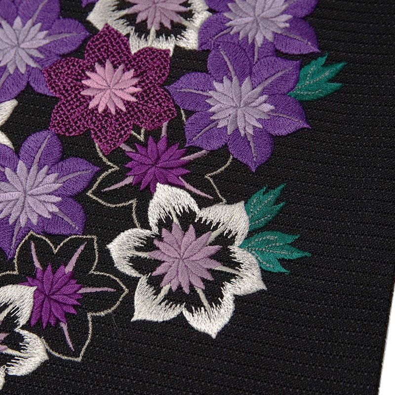 撫松庵 一重太鼓袋帯 絽 鉄線尽くし 黒 紫 花 刺繍 カジュアル 仕立て