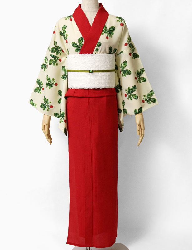 夏着物 ラディッシュ 赤 クリーム 袴風 セオアルファ ポップ モダン 単