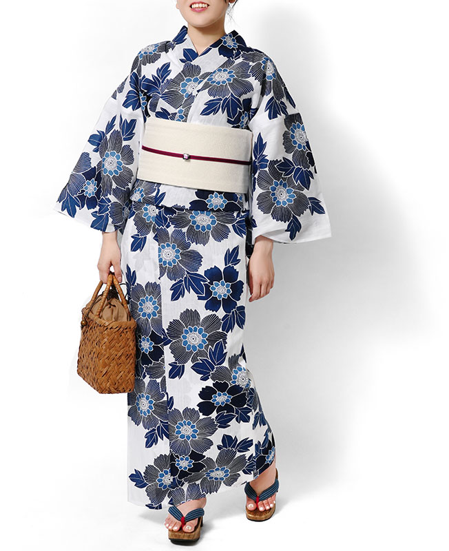 夏着物 つやび×雅姫 藍捺染 綿麻 紺 白地 ネイビー 花柄 古典柄 オフ白