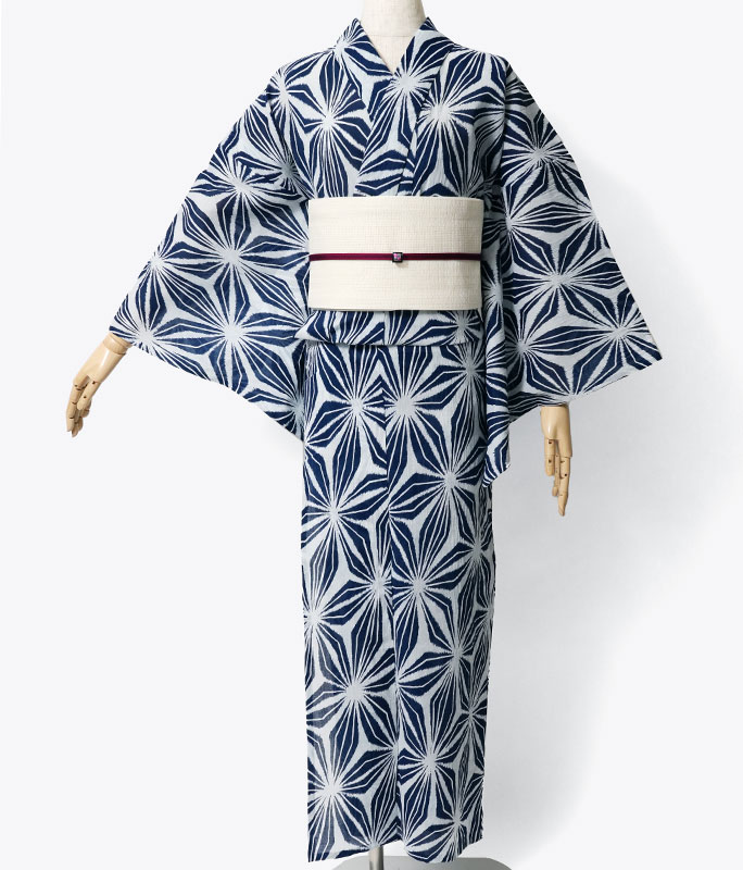浴衣 美術サロン 近江ちぢみ 麻の葉 紺 藍捺染 綿麻 レディース 古典