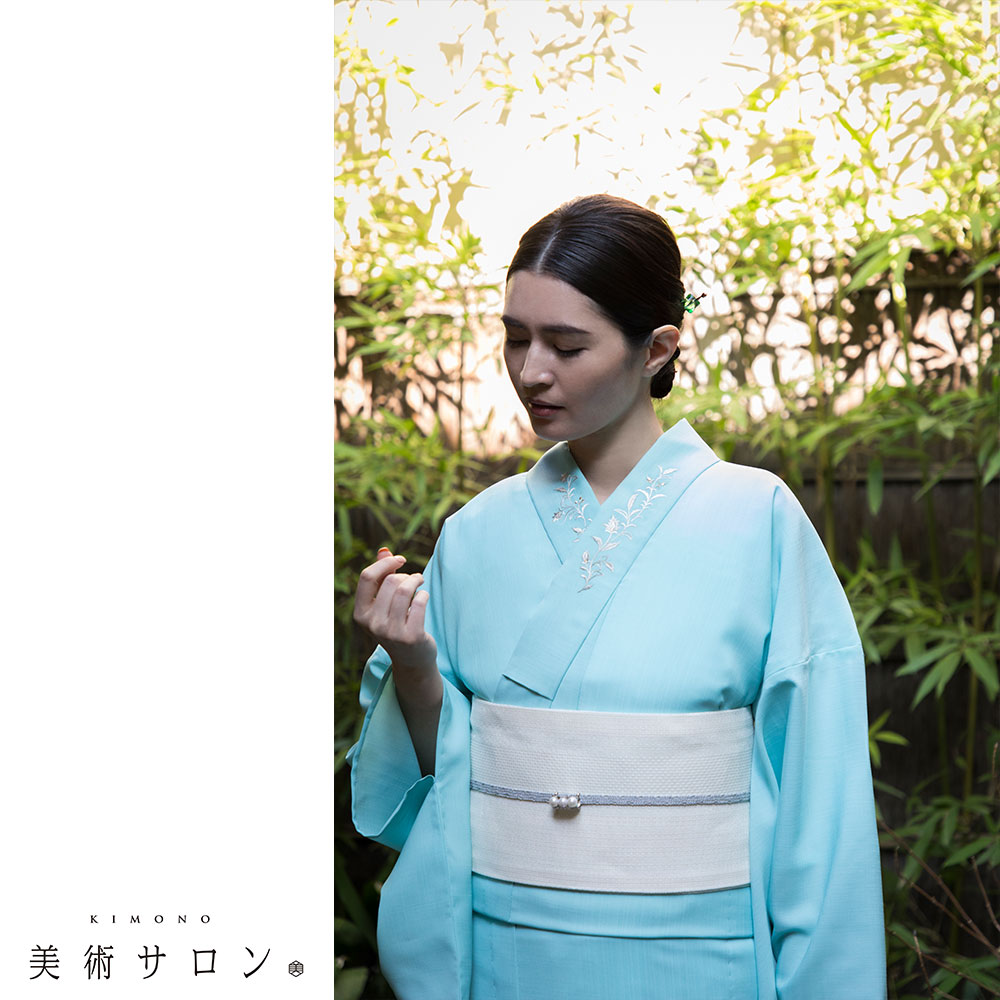 夏着物 美術サロン 無地染 刺繍 セオアルファ 水色 シンプル ワン