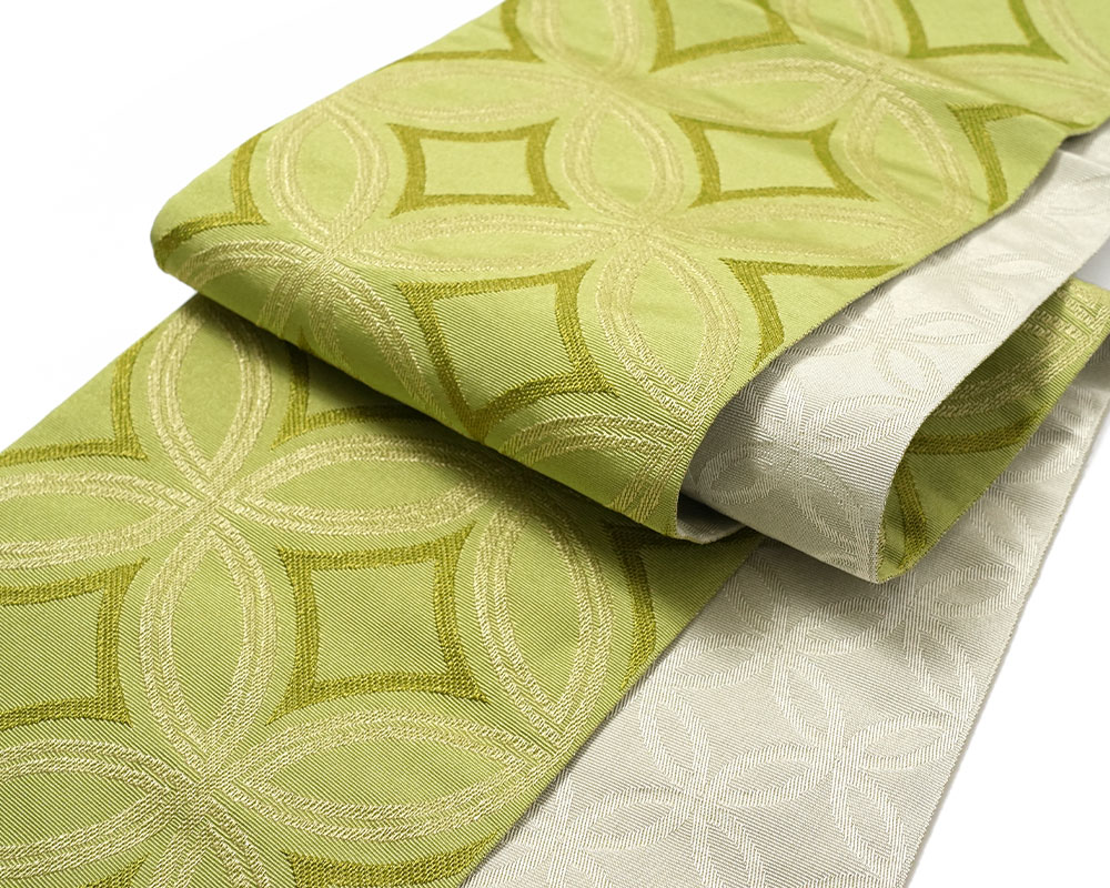 半幅帯 リバーシブル 緑色と黄色の花柄 七宝文様 レトロポップ 半幅帯 七宝 黄緑 グレー リバーシブル レトロ モダン 日本製 半巾帯