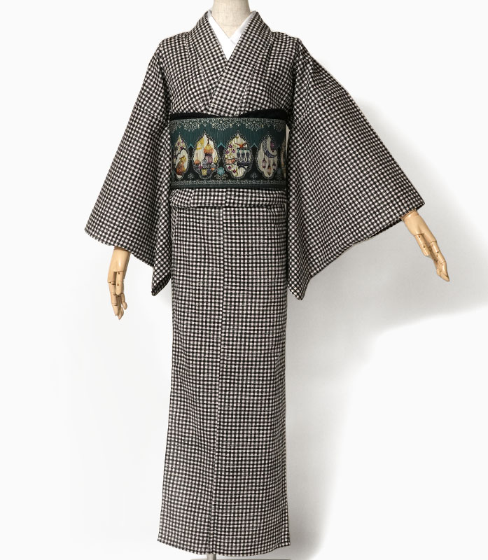 着物 木綿 単衣 ギンガムチェック 白 黒 仕立て上がり レトロ モダン 日本製 綿 女性用 レディース 30代 40代 50代