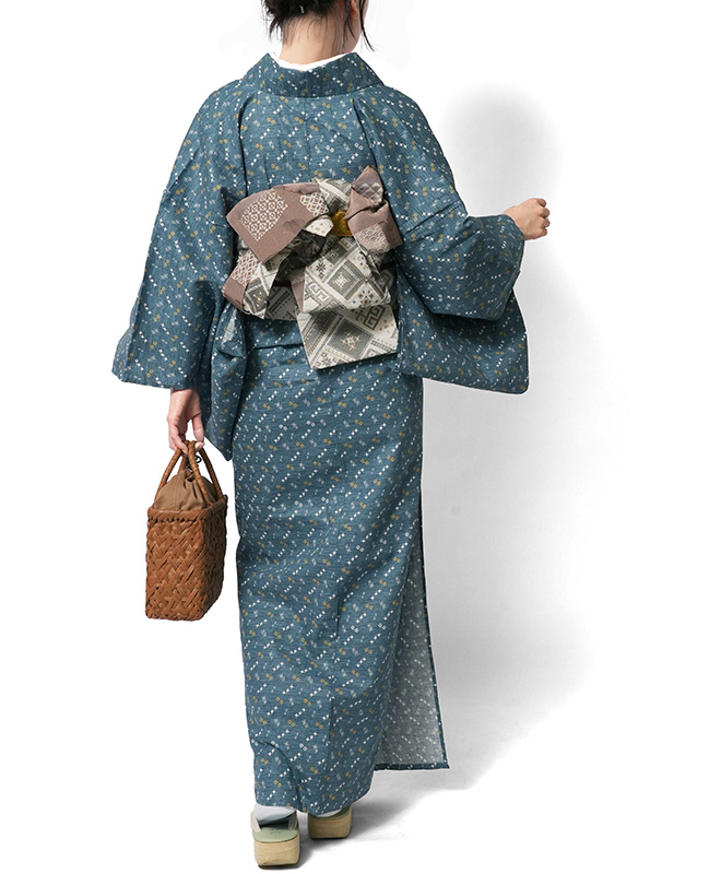 木綿着物 単衣 小柄 レトロパターン かすれ 青緑 藍色 仕立て