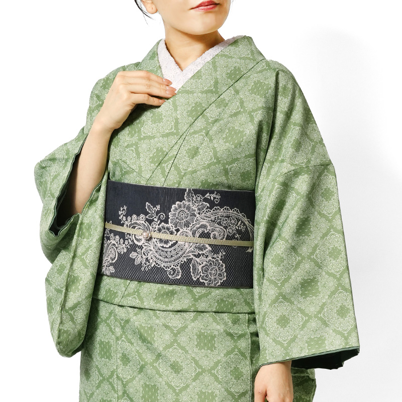 踊り着物　ポリエステル着物　洗える着物　まとめ売り 着物 洗える着物 袷 グリーン シック モダン ダマスク 仕立て上がり