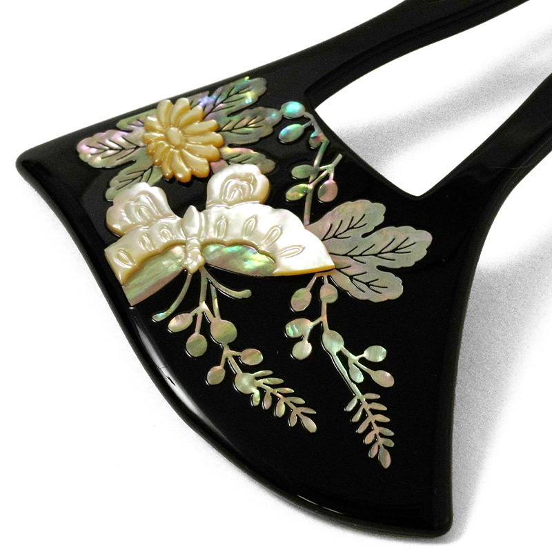 かんざし 螺鈿 蝶 菊 蒔絵風 黒 銀 バチ型 フォーマル 髪飾り ヘア