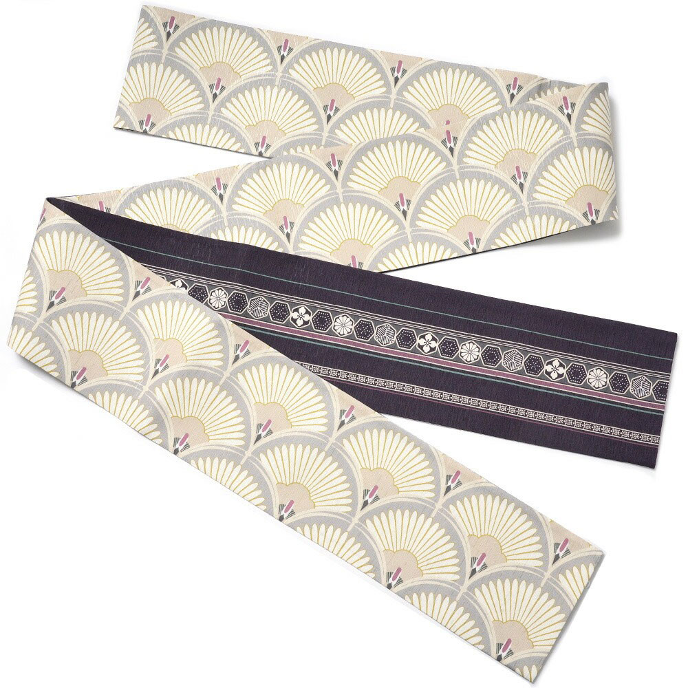 半幅帯 WAKKA 鶴青海 ベージュ オフホワイト 青海波 正絹 リバーシブル