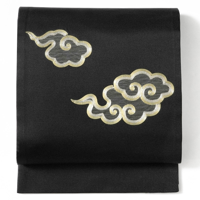撫松庵 京袋帯 雲 黒 金 正絹 刺繍 金駒刺繍 お太鼓 一重太鼓 : dear