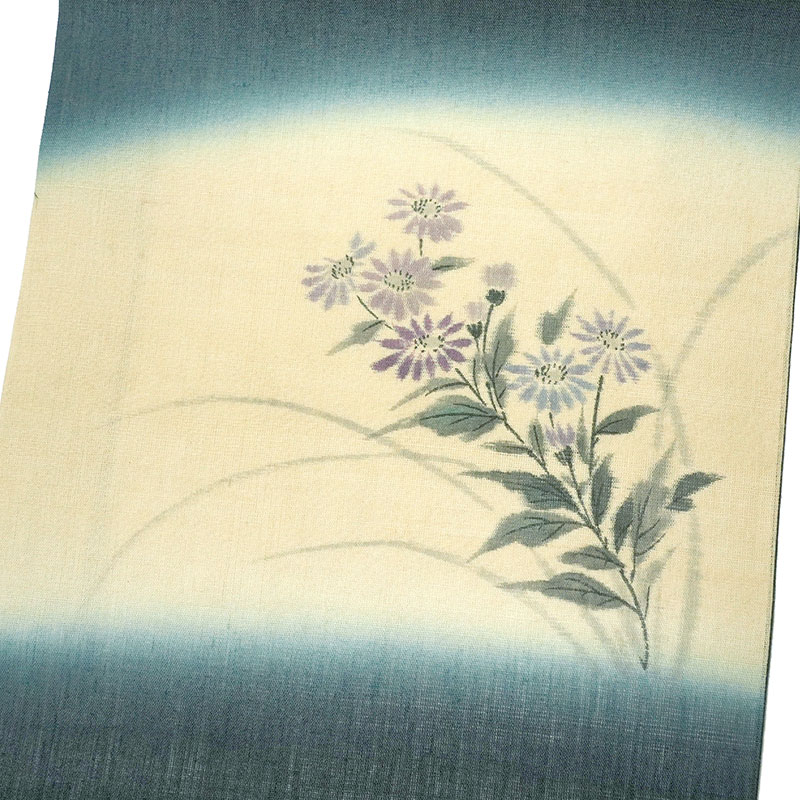 名古屋帯 麻 菊 濃紺 ベージュ 生成 日本画風 夏 ナチュラル 夏帯