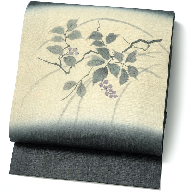 名古屋帯 麻 濃紺 ベージュ 生成 植物 日本画風 夏 ナチュラル 夏帯