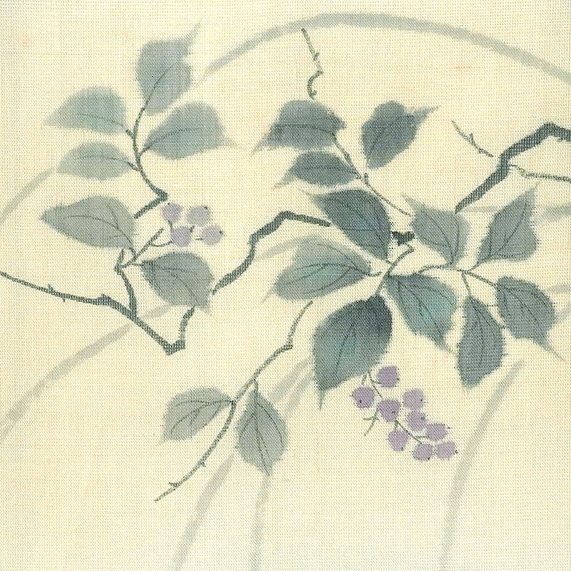 名古屋帯 麻 濃紺 ベージュ 生成 植物 日本画風 夏 ナチュラル 夏帯