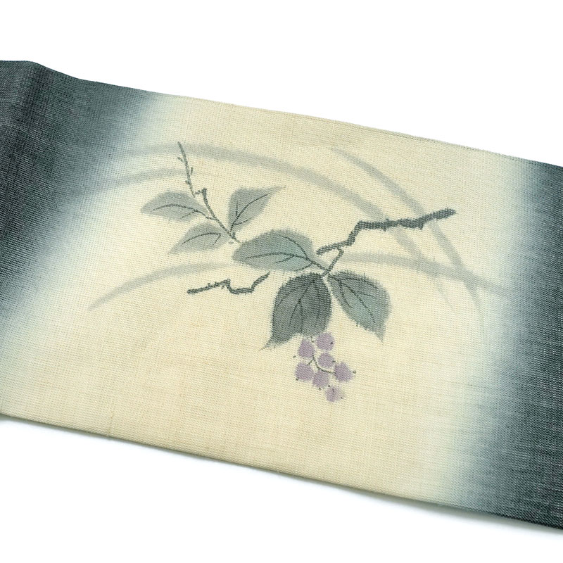 名古屋帯 麻 濃紺 ベージュ 生成 植物 日本画風 夏 ナチュラル 夏帯