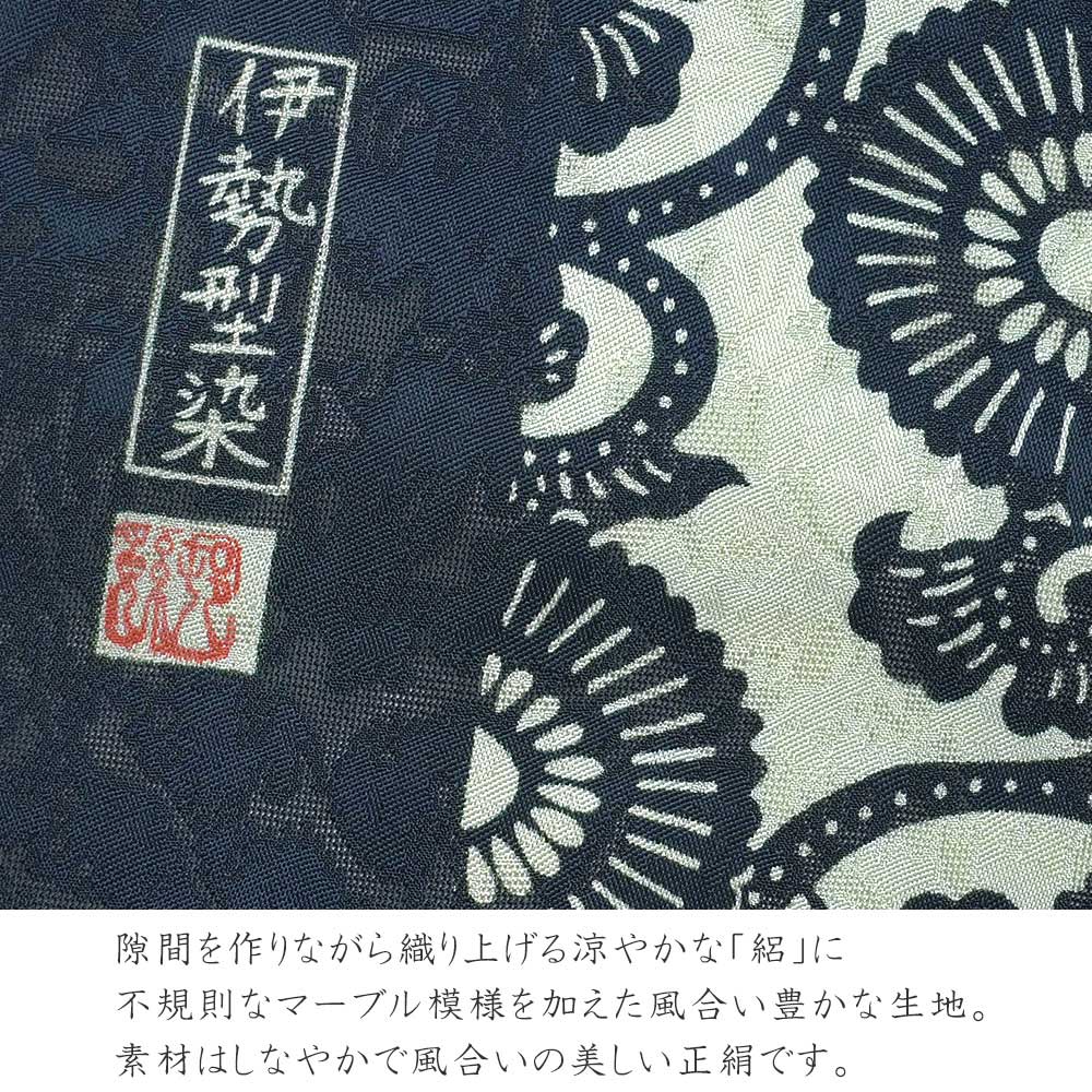 名古屋帯 絽 伊勢型染 正絹 菊唐草文 紺 薄浅葱 伝統文様 紅型風