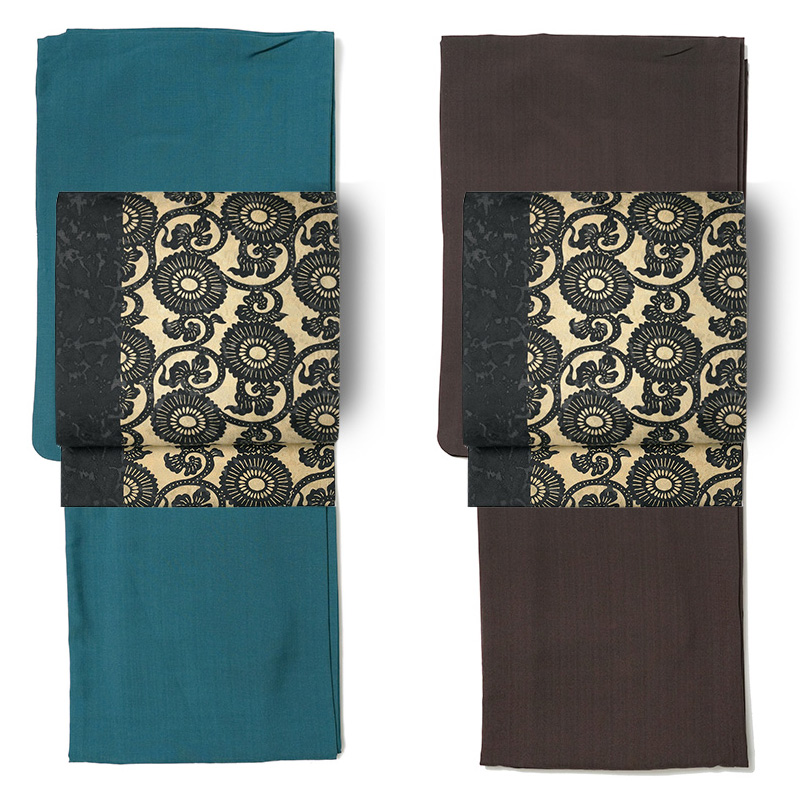 名古屋帯 絽 伊勢型染 正絹 菊唐草文 紺 生成 ベージュ 伝統文様 紅型