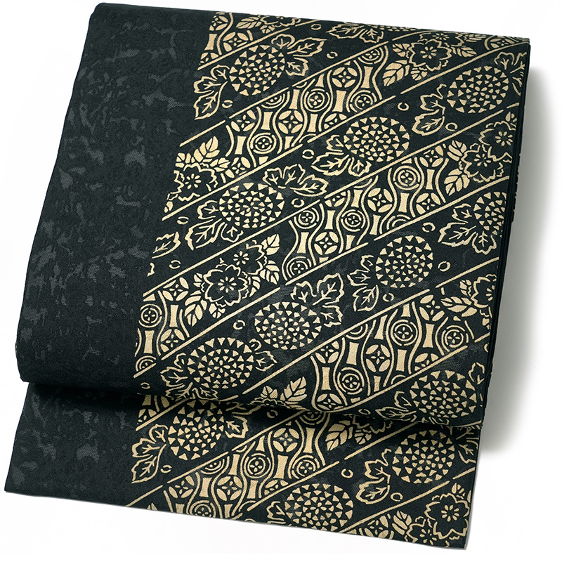 名古屋帯 絽 伊勢型染 正絹 紋寄せ縞 唐草 紺 生成 ベージュ 伝統文様