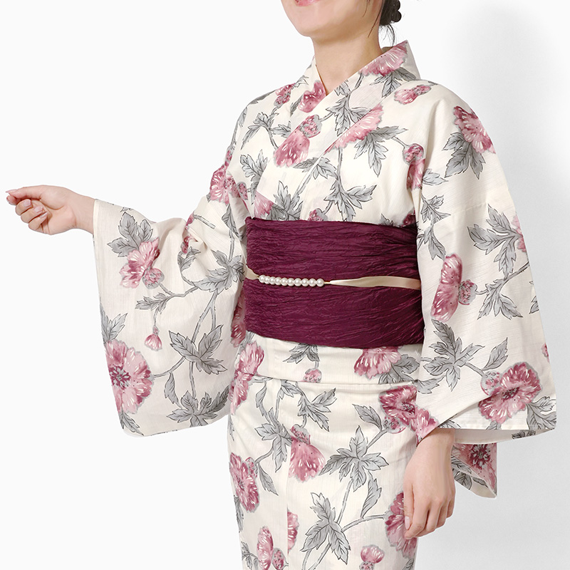 浴衣 アザミ オフ白 ピンク 花柄 木綿 フェミニン ニュアンス