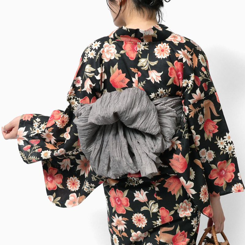 レア！新品未使用しつけ糸付き　彼岸花柄　綿浴衣　半幅帯　2点セット　黒　赤 10002632-set_1.jpg