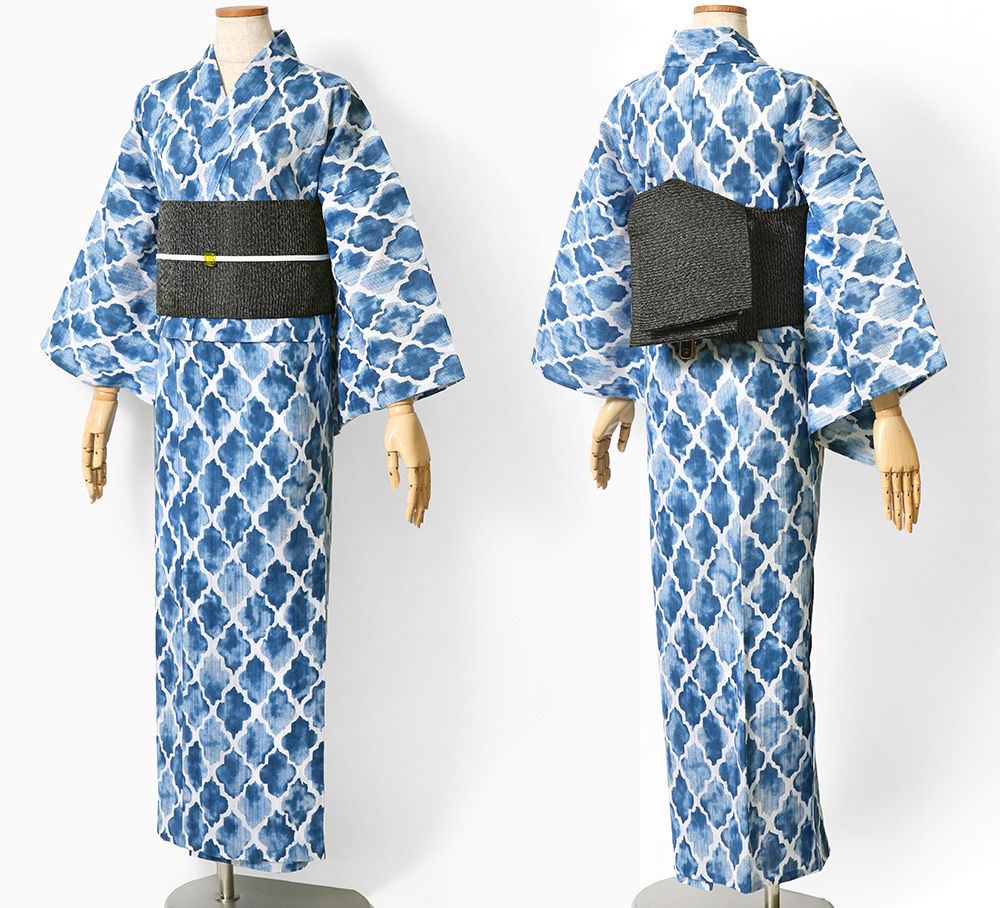 浴衣 美術サロン 藍捺染 モロッカン 藍 紺 白 知多木綿