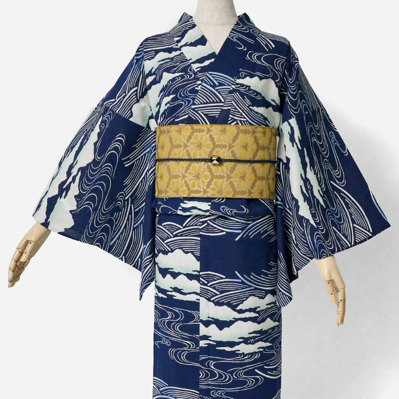 浴衣 和風館 注染 山川海 紺 藍 古典柄 流水 知多木綿 レディース 上品