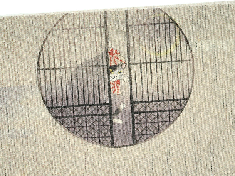 京袋帯 WAKKA 麻 猫の踊り場 グレー 三味線 三毛猫 ハチワレ