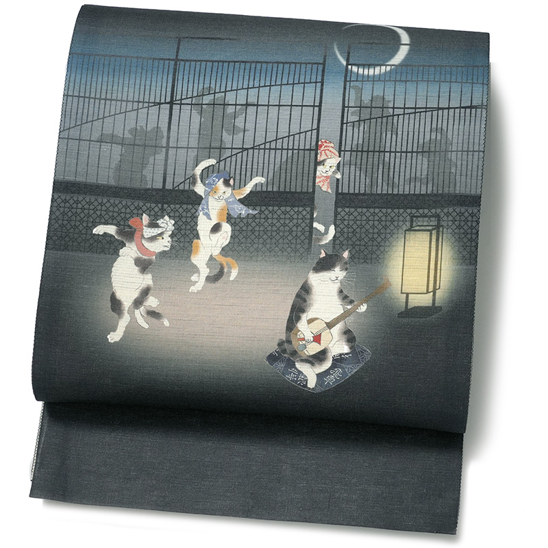 京袋帯 WAKKA 黒猫 白猫 市松模様 生成色 O-5646 京袋帯 WAKKA ワッカ 帯 袋帯 単品 おび obi お太鼓 京都 猫 ねこ 動物