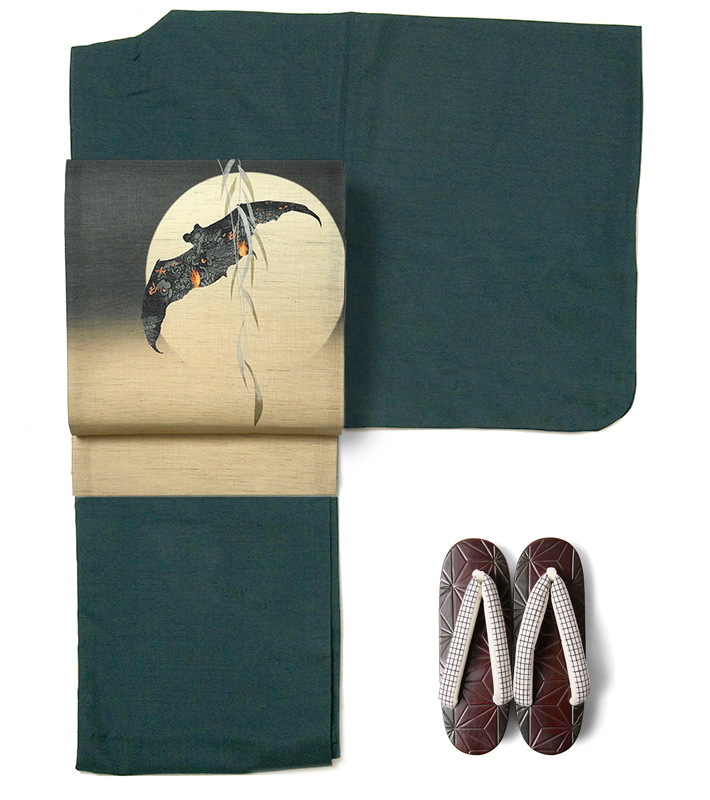 京袋帯 WAKKA 麻 鬼火 ブラウン ベージュ コウモリ 月 柳 蝙蝠 妖怪 夏