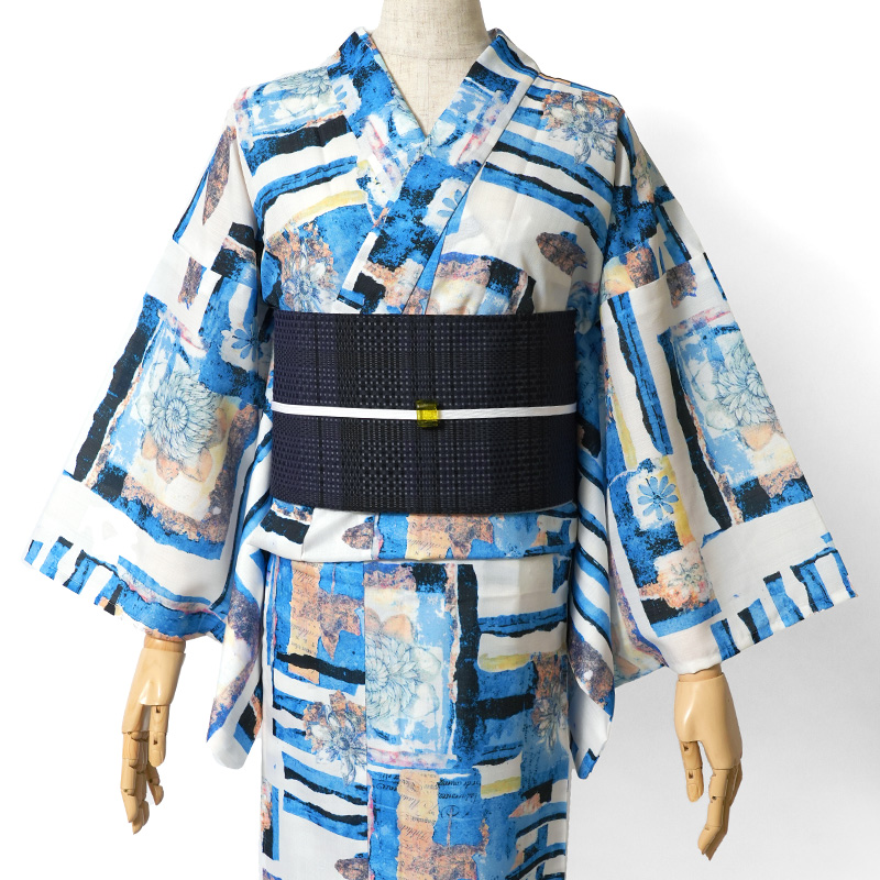 売れ筋新商品 浴衣 アート カラフル オフ白 青 ブルーコラージュ 吸水速乾 着物・浴衣