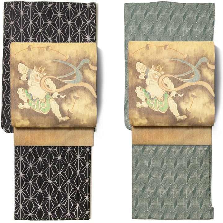 名古屋帯 風神雷神 ベージュ 和柄 絹 日本製 お太鼓 仕立て上がり