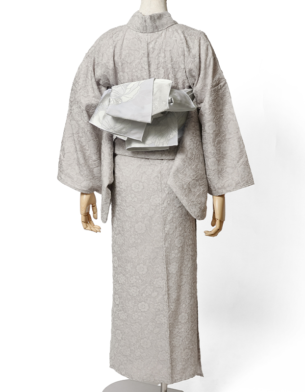 D915 夏着物　紋紗　レース　薄グレー　唐花　正絹　着物　極美品 レース着物 オーガンジー フラワー グレー ニュアンスカラー