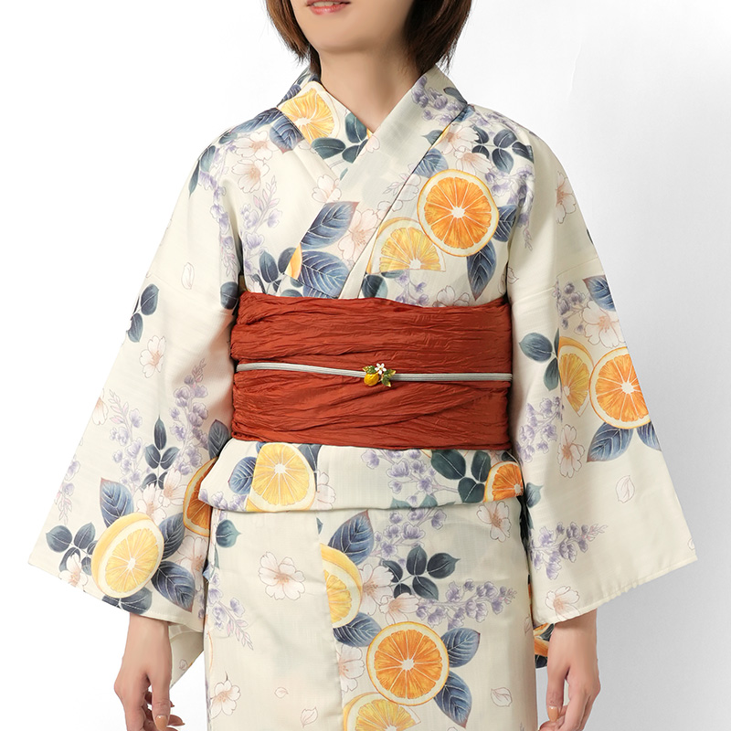 浴衣 2点セット シトラスと花 レモン オレンジ 藤 桜 クリーム