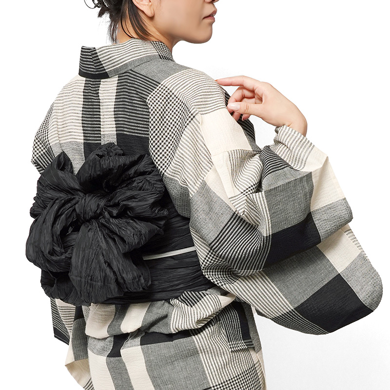 浴衣　綿麻　先染め ブロックチェック 黒　グレー　格子 2点　0601⑮ 浴衣 綿麻 先染め ブロックチェック 黒 オフ白 ベージュ 格子