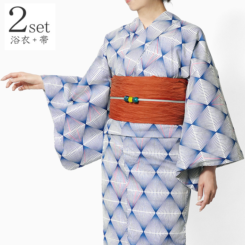太陽様　確認用！浴衣 黒白幾何学模様 薄紫　ゆかた　Mサイズ 浴衣 2点セット ダイヤパターン 幾何学 白 青 兵児帯 ブラッドオレンジ