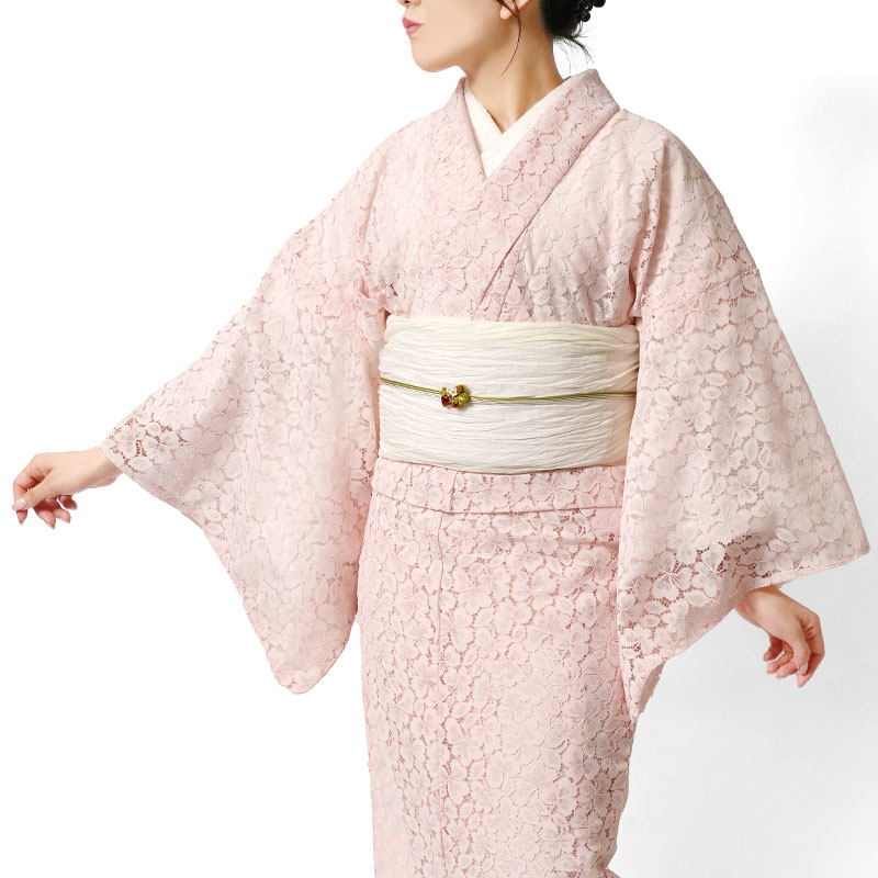 レース着物 単衣 ピンク ボタニカル 葉 植物柄 エレガント フェミニン