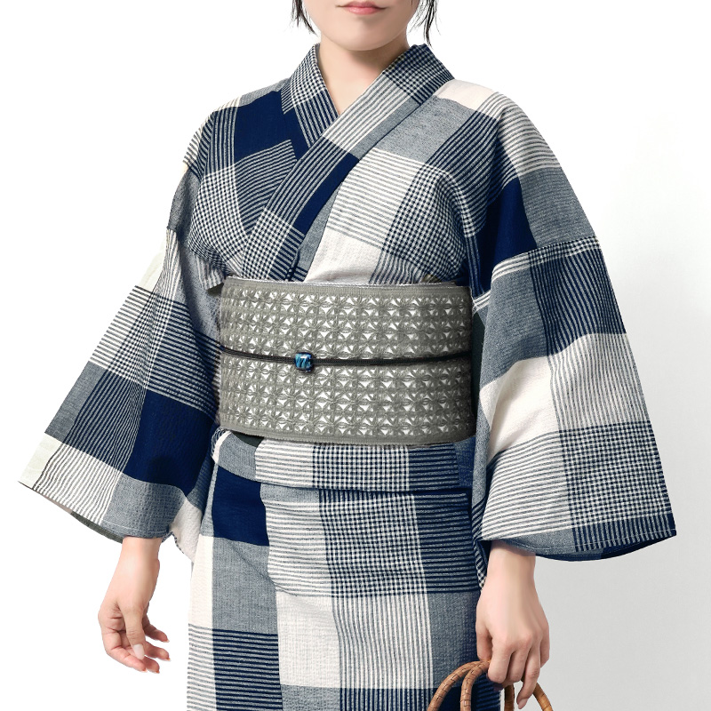 浴衣 綿麻 先染め ブロックチェック ネイビー 紺 ベージュ 格子