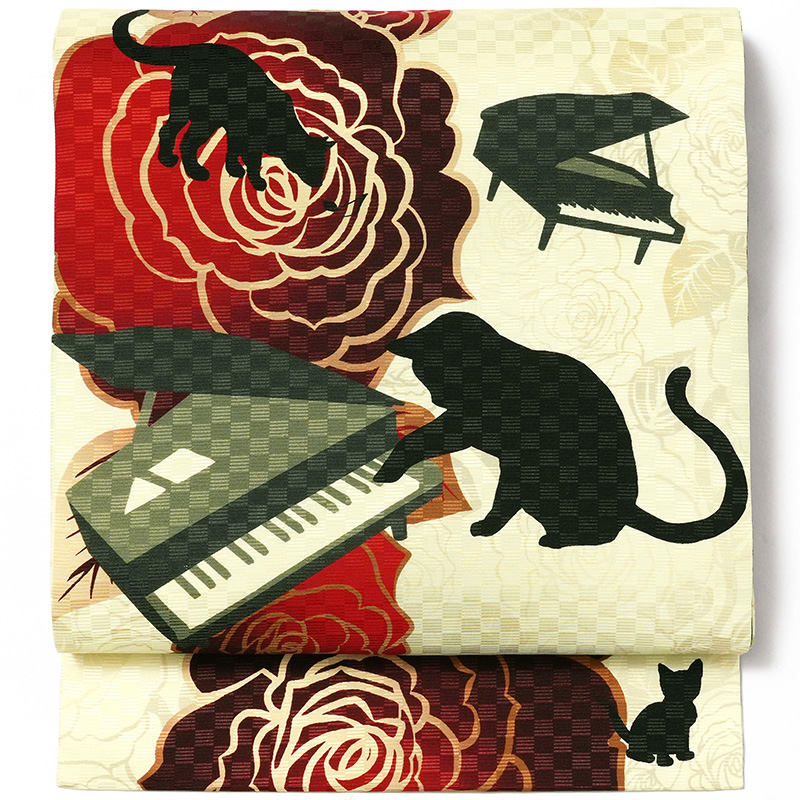 名古屋帯 黒猫とピアノ オフ白 ベージュ 赤 バラ 猫 シック 