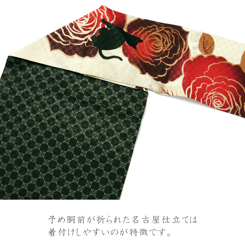 【美品✨】黒猫とピアノ　名古屋帯　正絹　市松地紋　クリームベージュ　現行品　帯1 名古屋帯 猫とピアノ ベージュ バラ 黒猫 シック アンティーク風