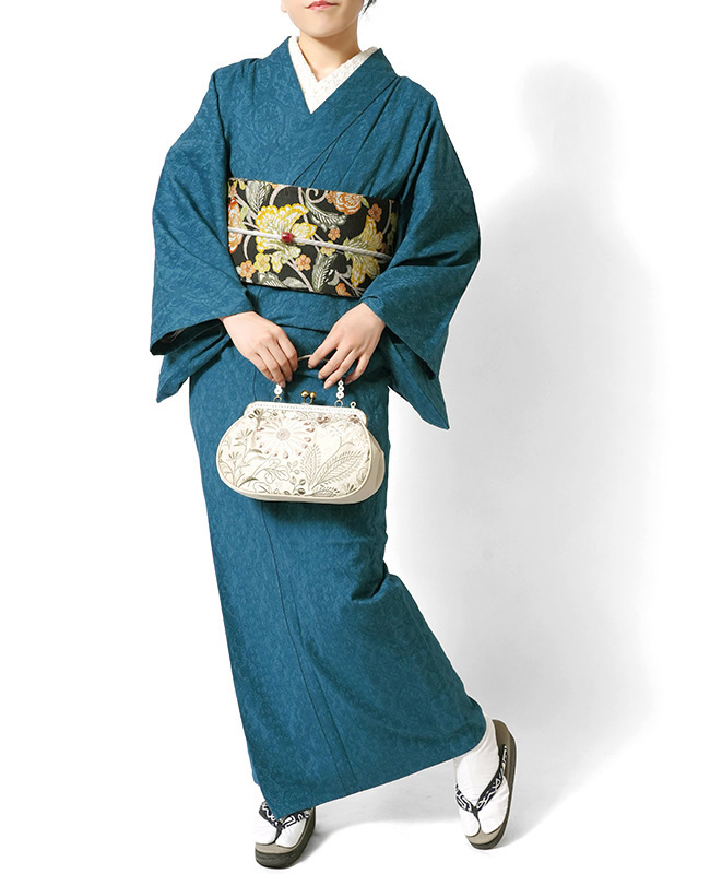 単衣 小紋フルセット 着物 正絹 ちりめん 緑 花柄 名古屋帯 J4
