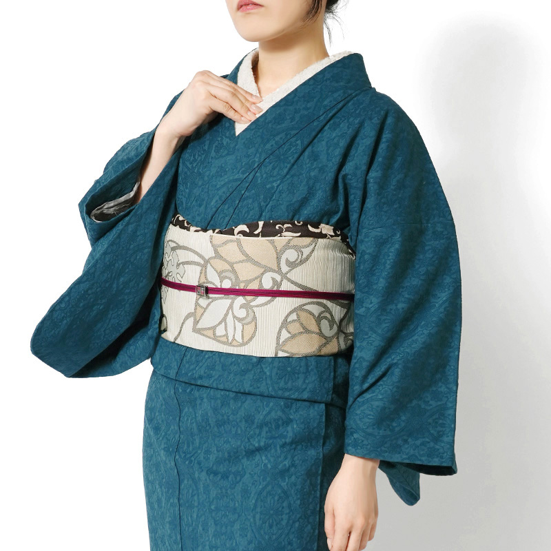 着物 ターコイズ 青緑 ジャガード 花唐草 デニム ストレッチ 単