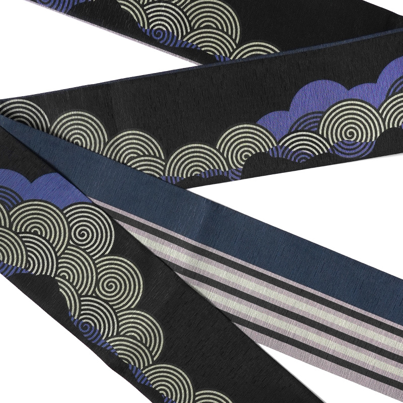 半幅帯 召しませ花 波雲文様 黒 ブルー 幾何学 ストライプ モダン 日本