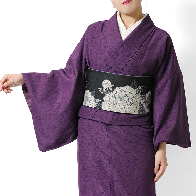 着物 紫 JAPAN MODE 扇模様 袷 洗える着物 仕立て上がり TEIJIN 